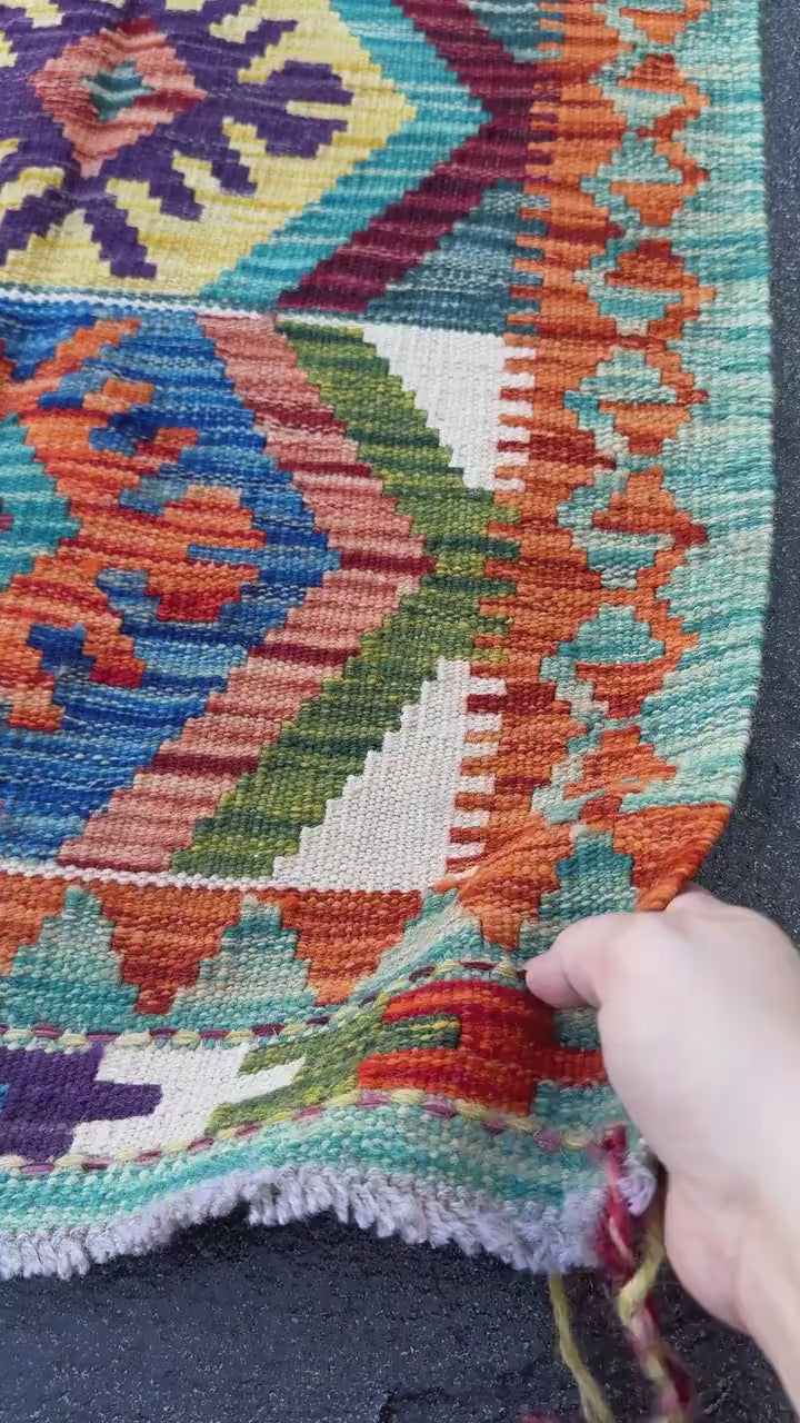 2x5 Handmade Afghan Kilim Runner Rug | Teal Aqua Blue Burnt Orange Cream White Mustard Yellow Olive Green Navy Purple Rust Red Grey | Wool