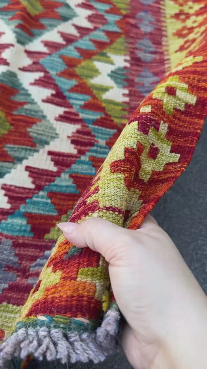 3x4 Handmade Afghan Kilim Rug | Rust Red Mustard Yellow Burnt Orange Olive Green Teal Aqua Blue Cream White Grey Purple | Wool Flatwoven