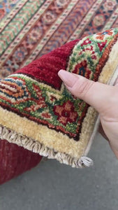 6x8 (180x245) Handmade Afghan Rug | Brick Red Denim Blue Chocolate Olive Green Cream Beige Tan | Geometric Hand Knotted Wool