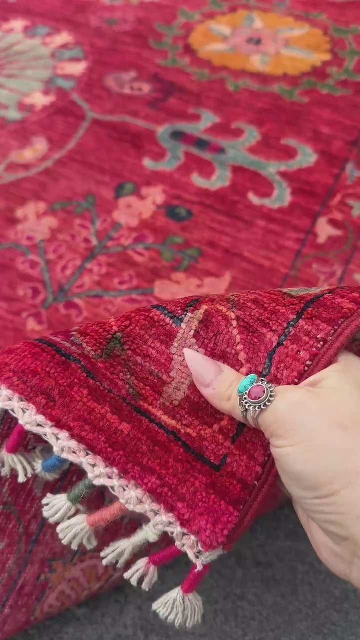 7x9 Handmade Afghan Wool Rug | Bold Floral Medallion Design | Red Statement Area Rug