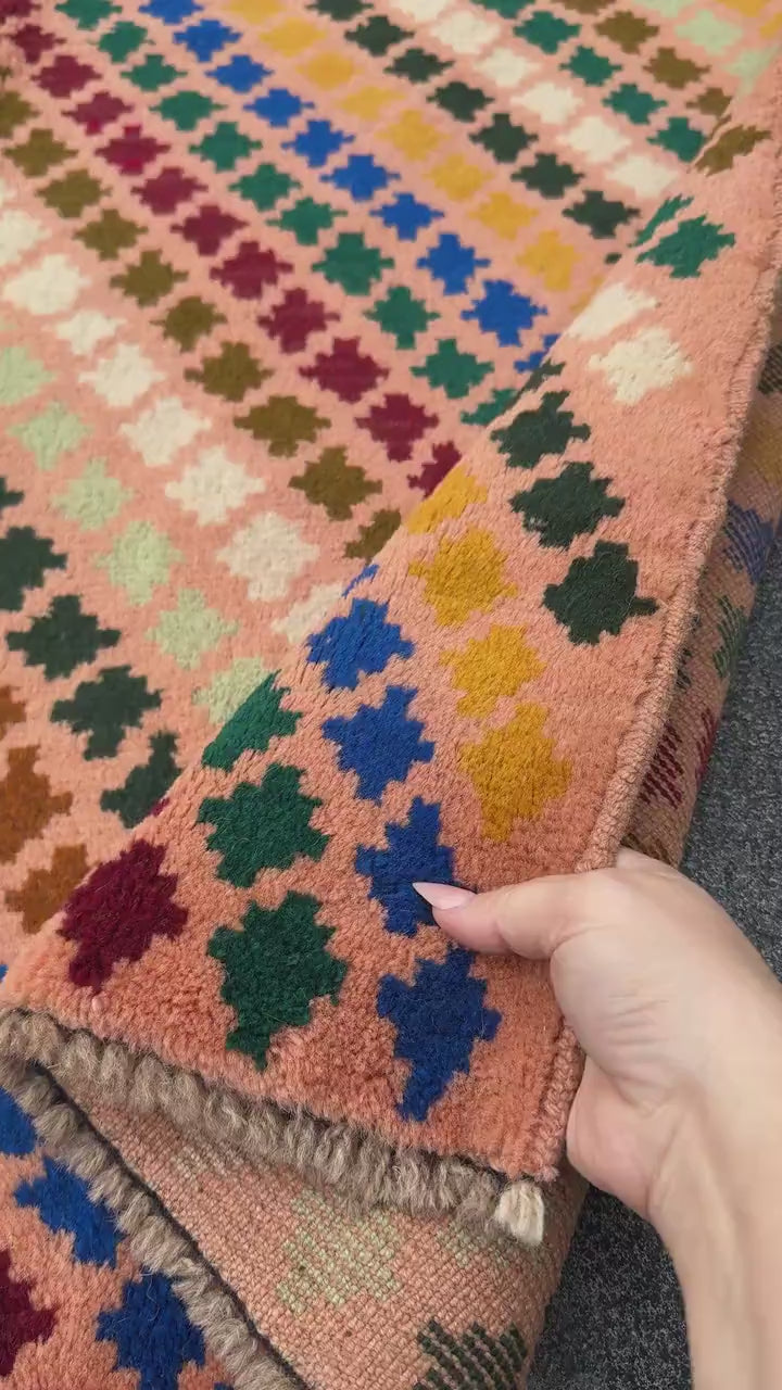 4x6 Handmade Vintage Afghan Baluch Rug | Peach Salmon Mustard Yellow Olive Green Navy Blue Rust Red Cream White Maroon | Wool Flatwoven