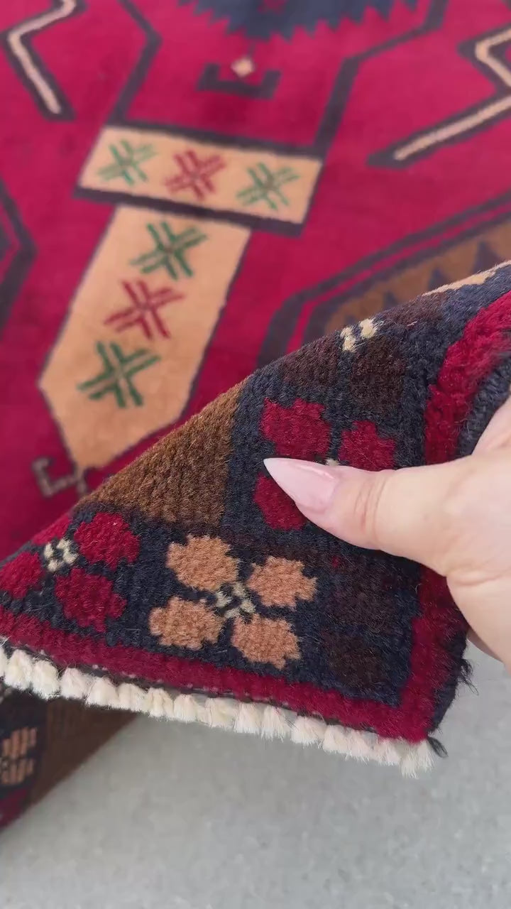 3x5 (91x152) Handmade Vintage Afghan Baluch Rug Coffee Brown Crimson Scarlet Red Navy Blue Maroon Forest Green White Cream Plum Forest Green