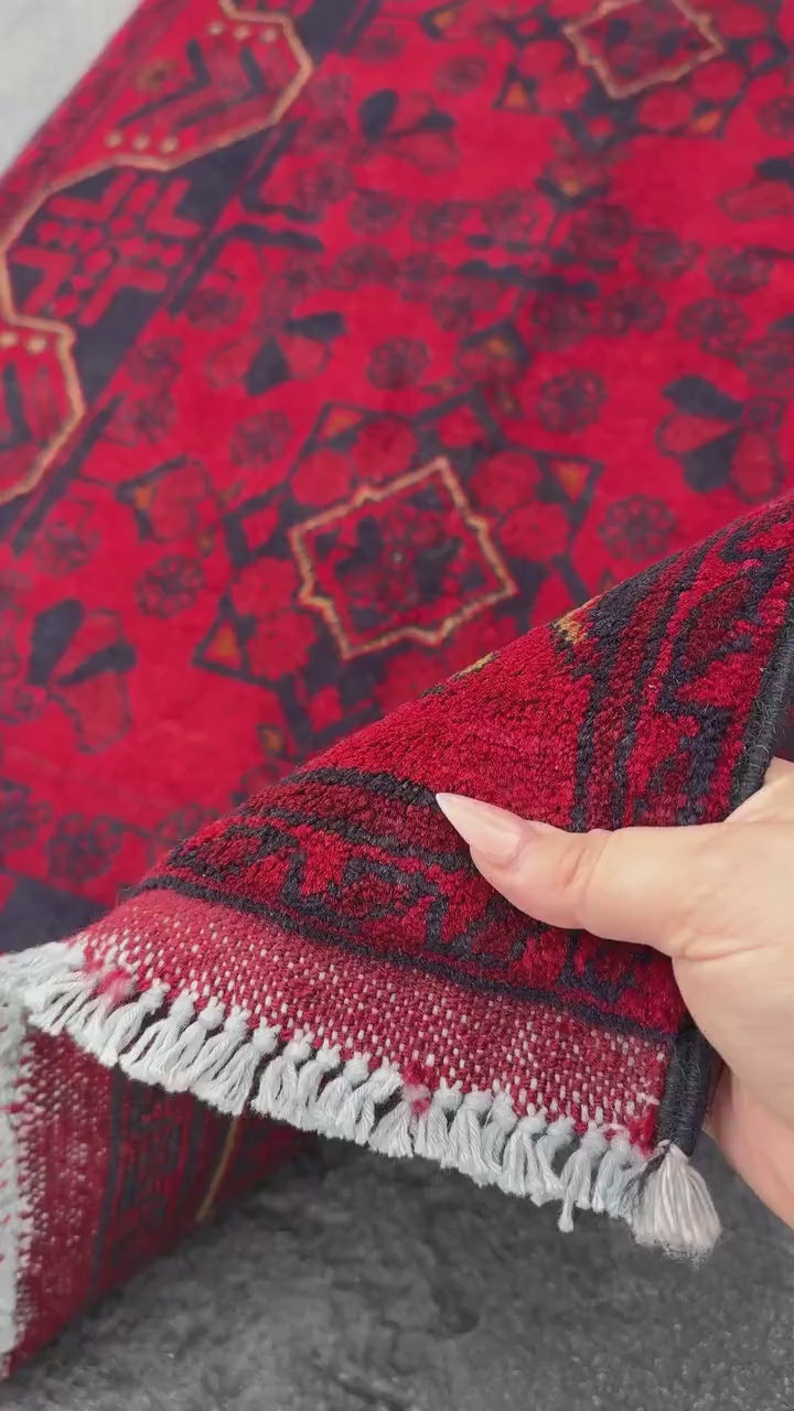 3x4 (91x121) Handmade Afghan Rug | Scarlet Crimson Blood Red Midnight Blue Black Cream Cornsilk Yellow Orange | Wool Khal Mohammadi