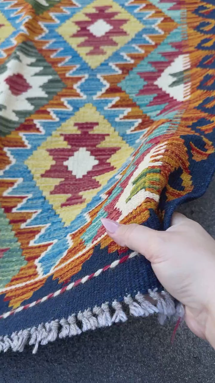 3x5 Handmade Afghan Kilim Rug | Denim Midnight Blue Aqua Olive Moss Green Mustard Yellow Cream White Blood Red Burnt Rust Orange Charcoal