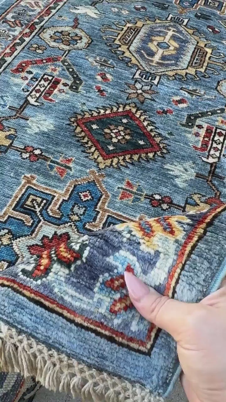 3x12 Handmade Afghan Wool Runner Rug | Powder Blue Tribal Geometric Hallway Runner | Ivory Border with Red Accents | Hand-Knotted Carpet