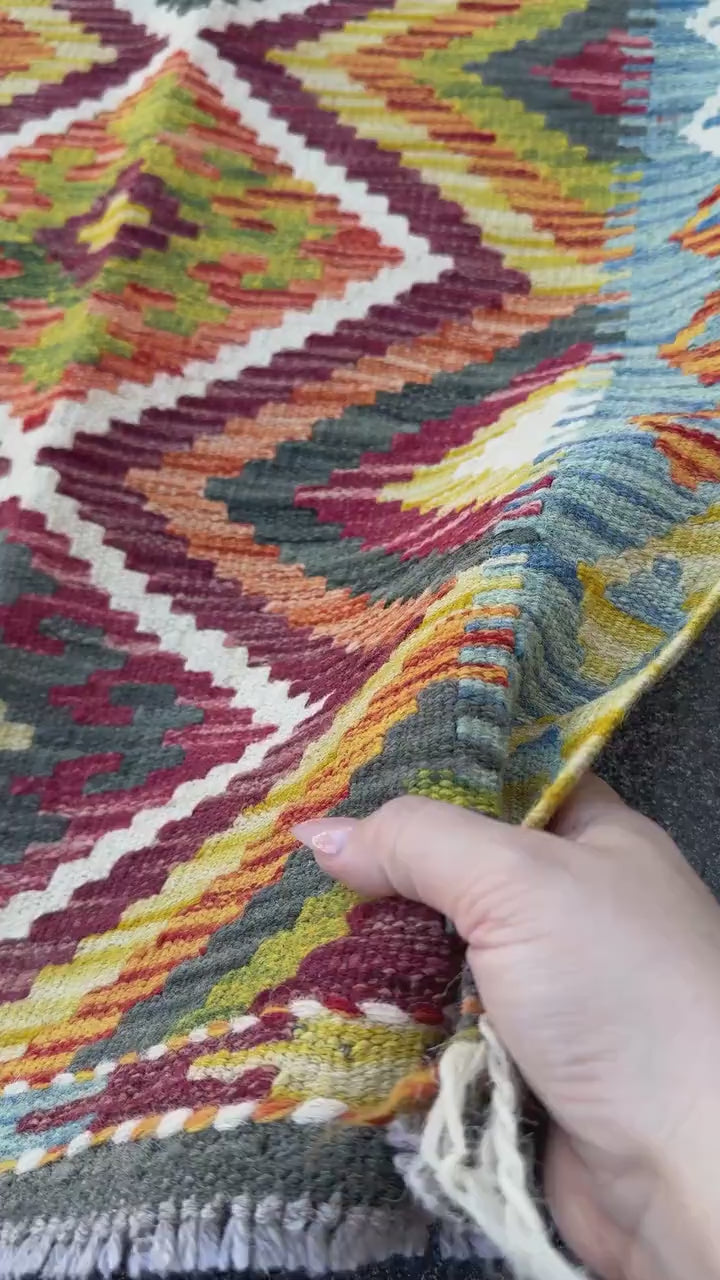 2x5 Handmade Afghan Kilim Runner Rug | Burgundy Rust Red Burnt Orange Mustard Yellow Olive Green Teal Aqua Blue Cream White Grey | Flatwoven