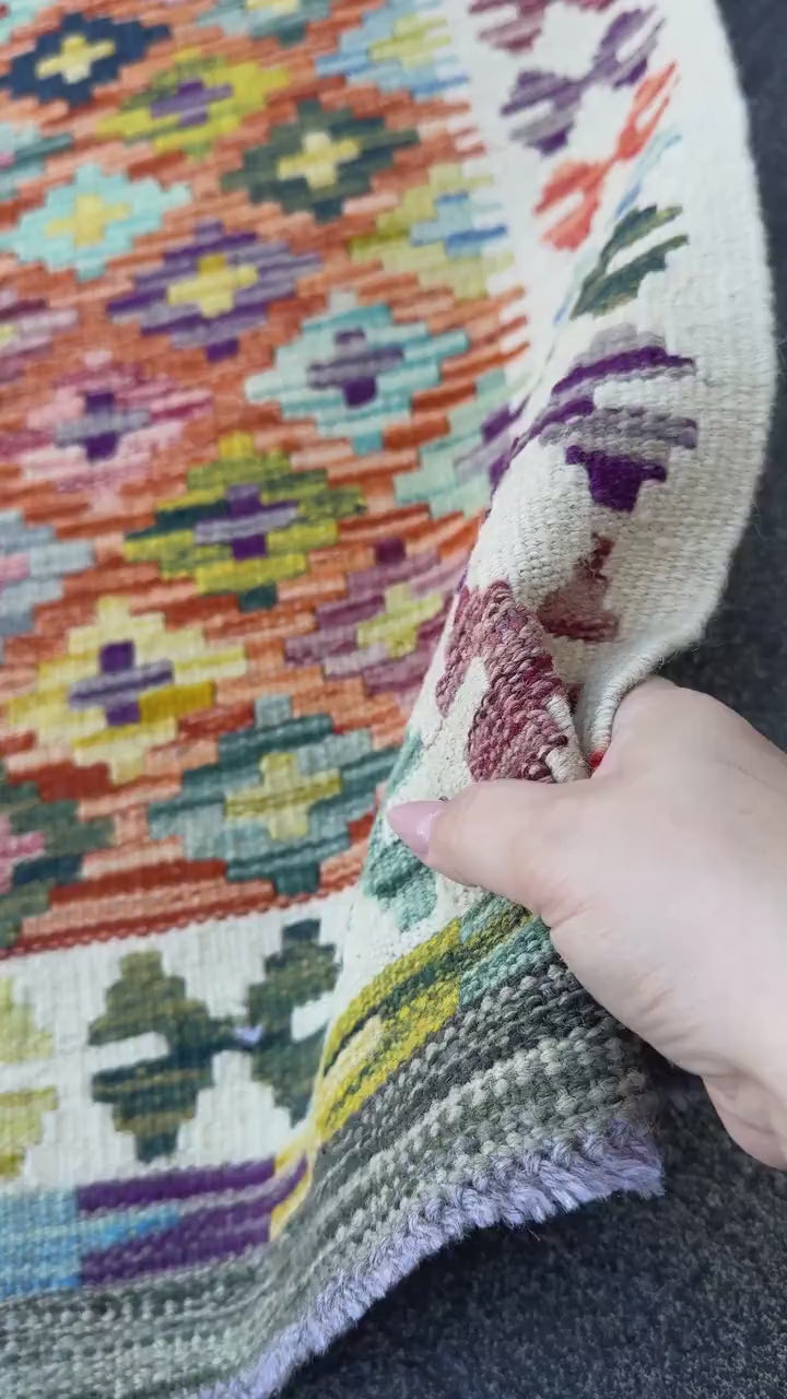 3x4 Handmade Afghan Kilim Rug | Burnt Orange Rust Red Cream White Mustard Yellow Olive Green Teal Aqua Blue Navy Purple Grey | Flatwoven