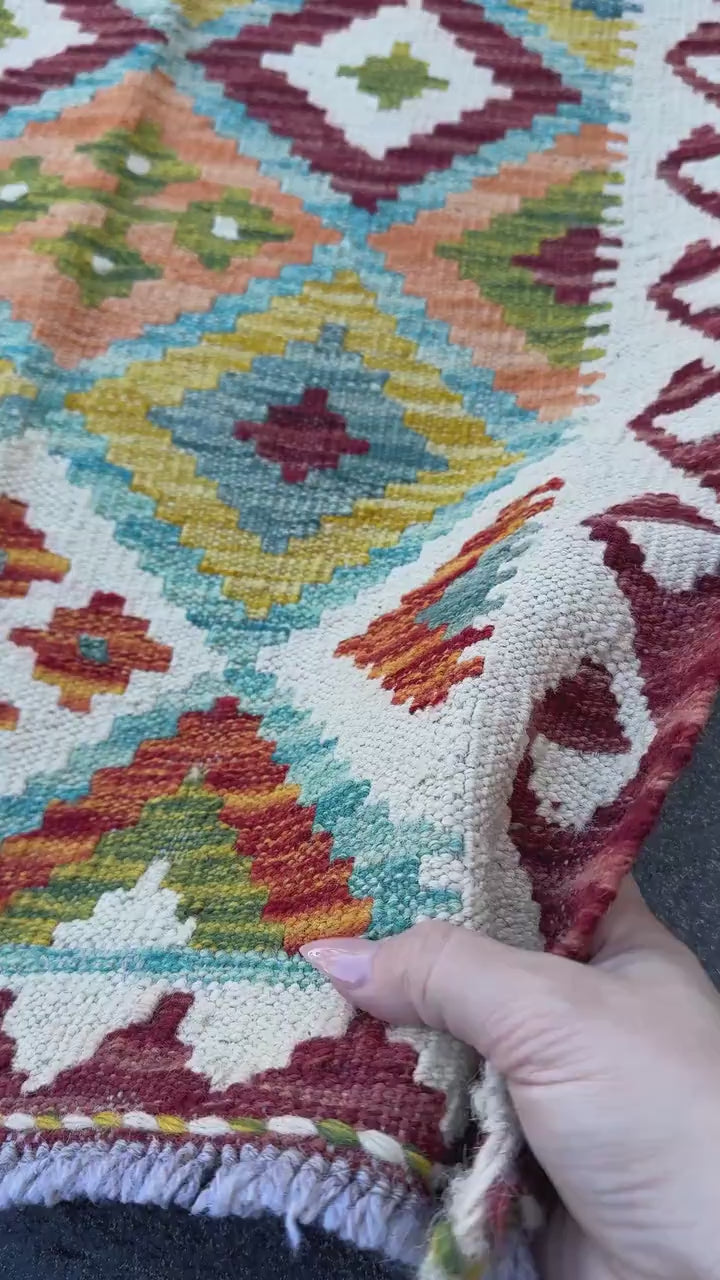 2x5 Handmade Afghan Kilim Runner Rug | Cream White Maroon Blood Red Aqua Teal Burnt Orange Olive Green Grey | Wool Flatwoven