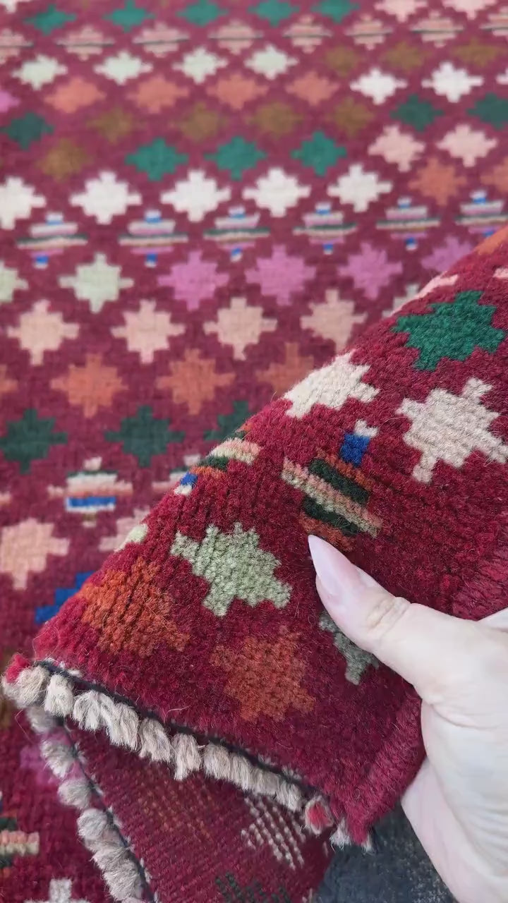 3x5 Handmade Vintage Afghan Baluch Rug | Brick Red Peach Mint Pine Green Burnt Orange Rose Pink White Cream Navy Blue Tan Copper Brown