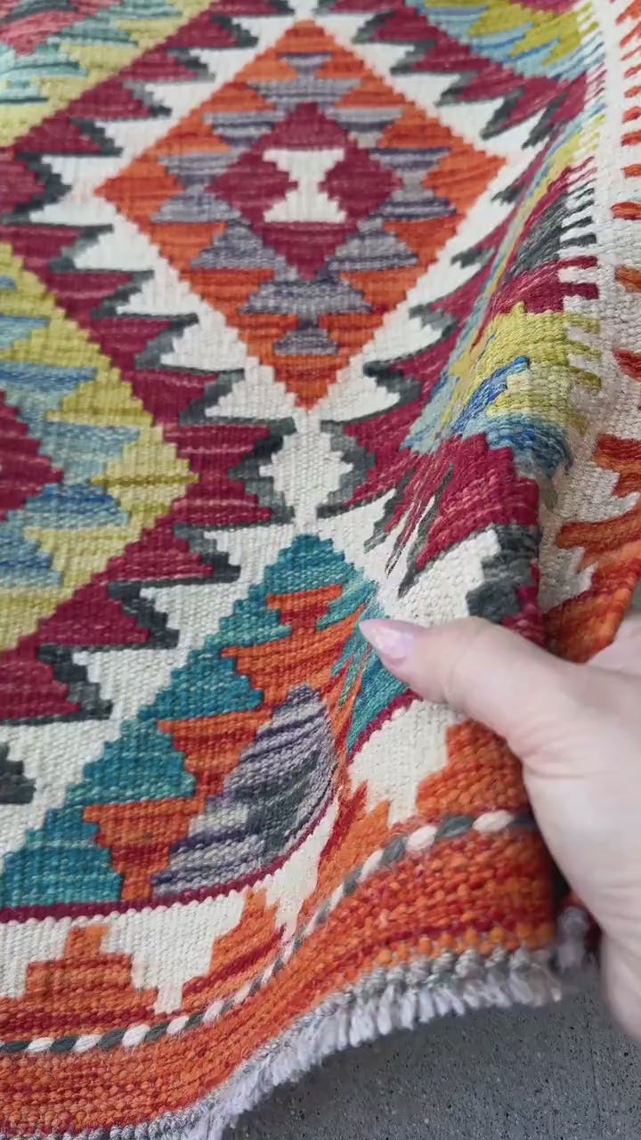 3x4 Handmade Afghan Kilim Rug | Burnt Orange Brick Red Mustard Yellow Teal Aqua Blue Cream White Charcoal Grey Plum Wine | Wool Flatwoven