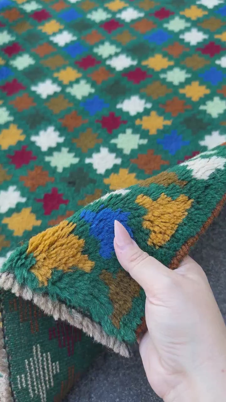 4x6 Handmade Vintage Afghan Baluch Rug | Forest Mint Olive Pine Green Mustard Gold White Copper Brown Navy Blue Brick Red | Wool Flatwoven