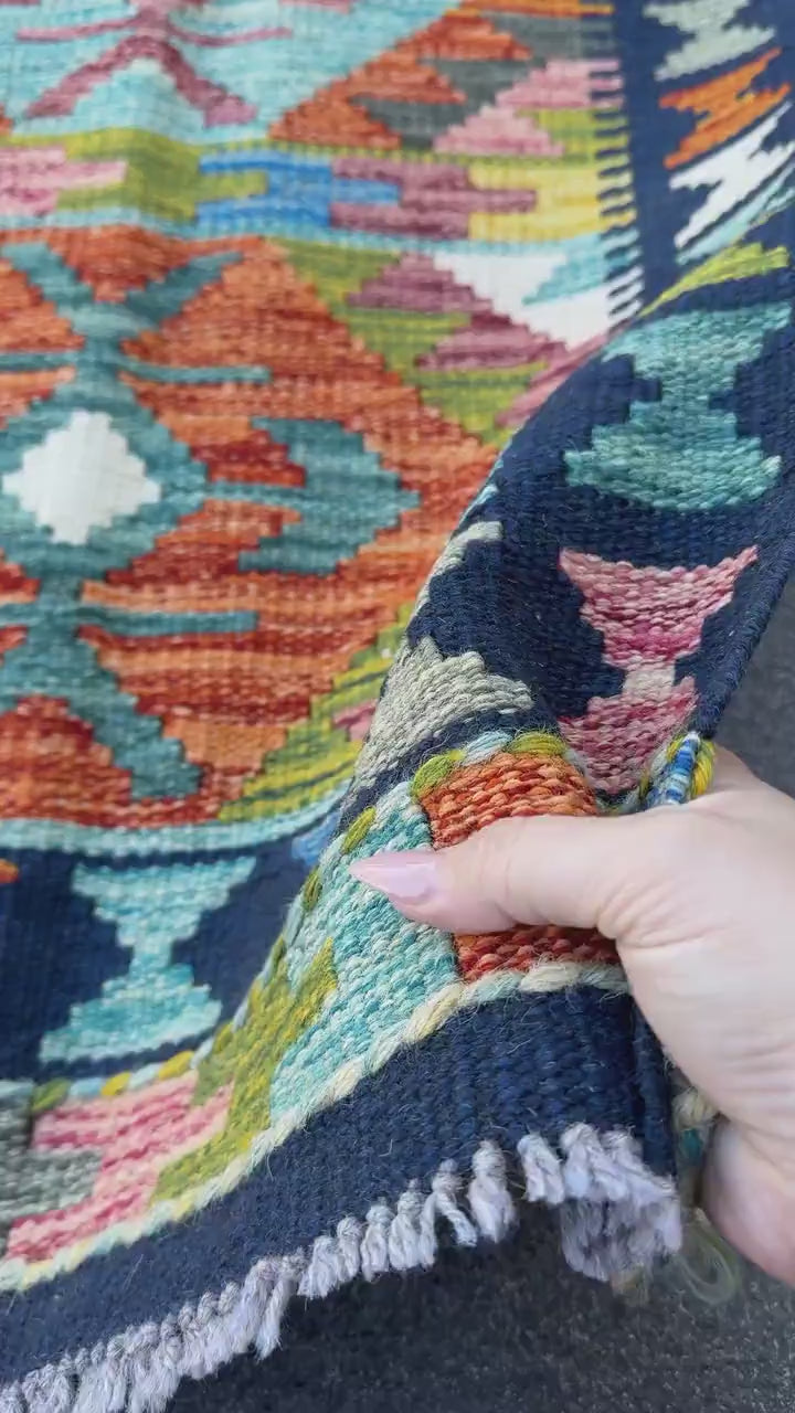 2x5 Handmade Afghan Kilim Runner Rug | Navy Burnt Orange Rust Red Cream White Mustard Yellow Olive Green Teal Aqua Blue Purple Grey | Wool