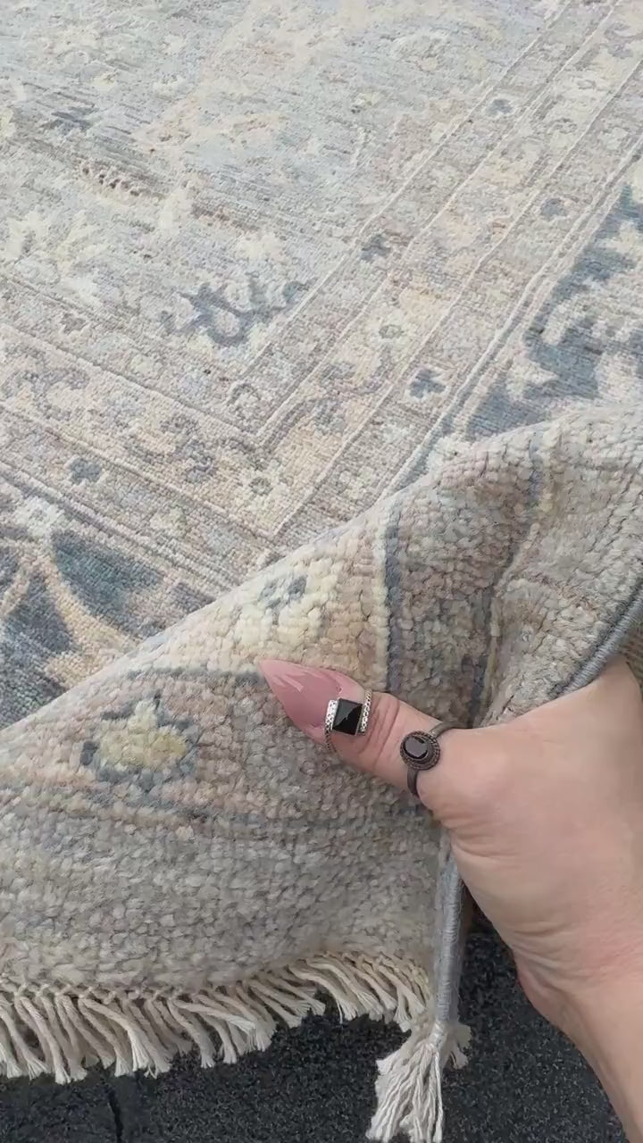 12x15 Handmade Afghan Wool Rug | Subtle Floral Pattern | Neutral Gray And Blue Large Oversized Area Rug