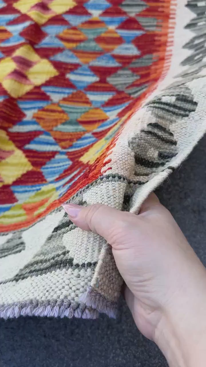 2x5 (61x152) Handmade Afghan Kilim Runner Rug | Cream White Grey Moss Olive Green Burnt Orange Blood Crimson Red Denim Blue Yellow | Wool