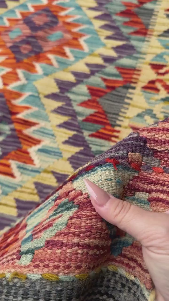 3x5 (91x152) Handmade Afghan Kilim Rug | Brick Garnet Scarlet Red Burnt Orange Yellow Saffron Denim Teal Aqua Blue Purple Grey | Wool