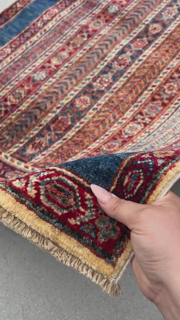 3x5 (100x180) Handmade Afghan Rug | Brick Garnet Red Denim Blue Chocolate Brown Ivory Beige Orange| Hand Knotted Persian Turkish Wool Tribal