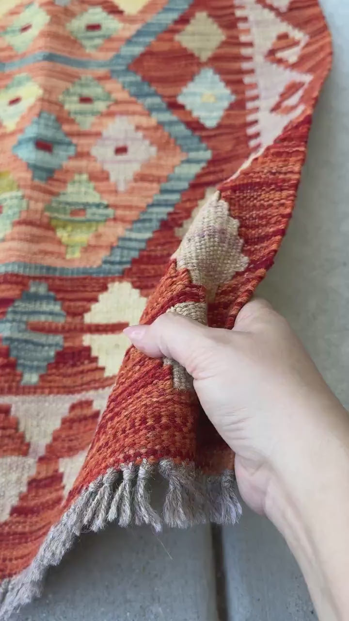 2x3 Handmade Afghan Kilim Rug | Burnt Orange Salmon Tan Charcoal Light Grey Chocolate Brown Cream Beige Teal Olive Green | Wool Flatwoven