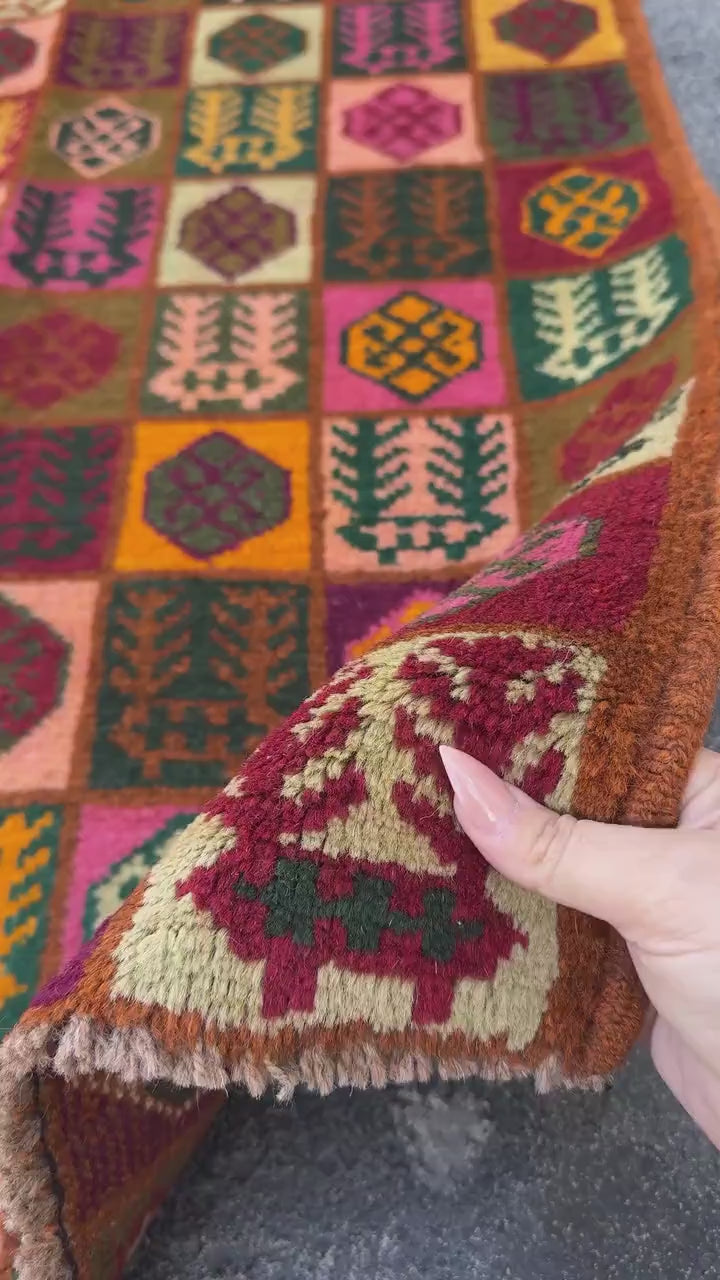 3x10 Handmade Vintage Afghan Baluch Runner Rug | Copper Brown Pine Forest Mint Olive Green Rose Pink Peach Burnt Orange Brick Red | Wool