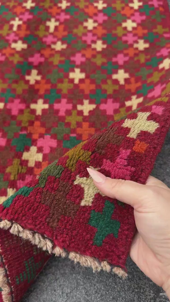 2x3 Handmade Vintage Afghan Baluch Rug | Rust Red Forest Olive Moss Green Burnt Oragne Cream White Pink Chocolate Mustard Yellow Royal Blue