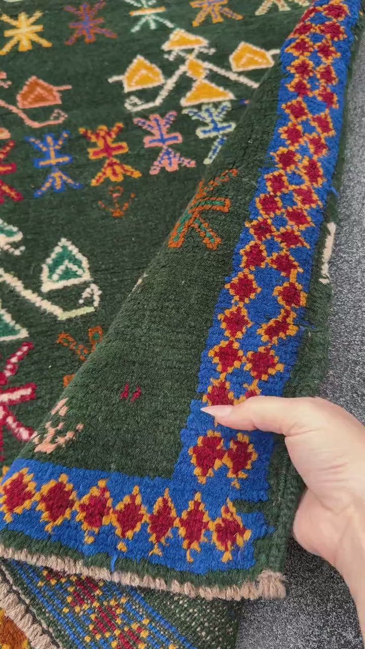 4x6 Handmade Vintage Afghan Baluch Rug | Olive Mint Green Mustard Yellow Rust Red Cream White Teal Navy Blue Navy Purple Orange Peach | Wool