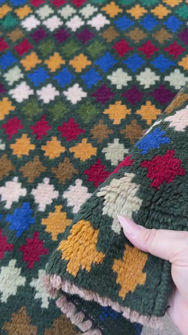 4x6 Handmade Vintage Afghan Baluch Rug | Forest Pine Mint Olive Mint Green Mustard Yellow Gold White Navy Blue Brick Red Eggplant Purple