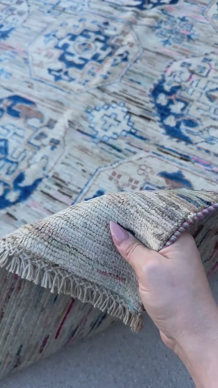 9x12 Handmade Afghan Wool Rug | Beige and Navy Blue Modern Tribal Geometric Area Rug | Striated Neutral with Blush Hints | Hand-Knotted