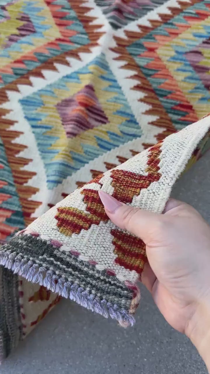 3x4 (91x121) Handmade Afghan Kilim Rug | Cream Teal Aqua Denim Blue Purple Burnt Orange Rust Olive Moss Green | Wool Flatweave Reversible