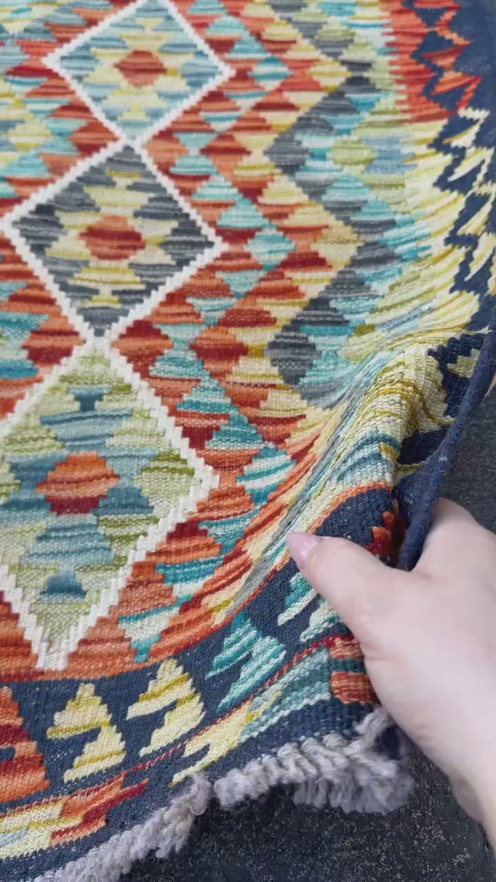 3x4 Handmade Afghan Kilim Rug | Burnt Rust Orange Charcoal Grey Black Teal Pine Olive Moss Green Mustard Gold Ivory | Wool Flatwoven