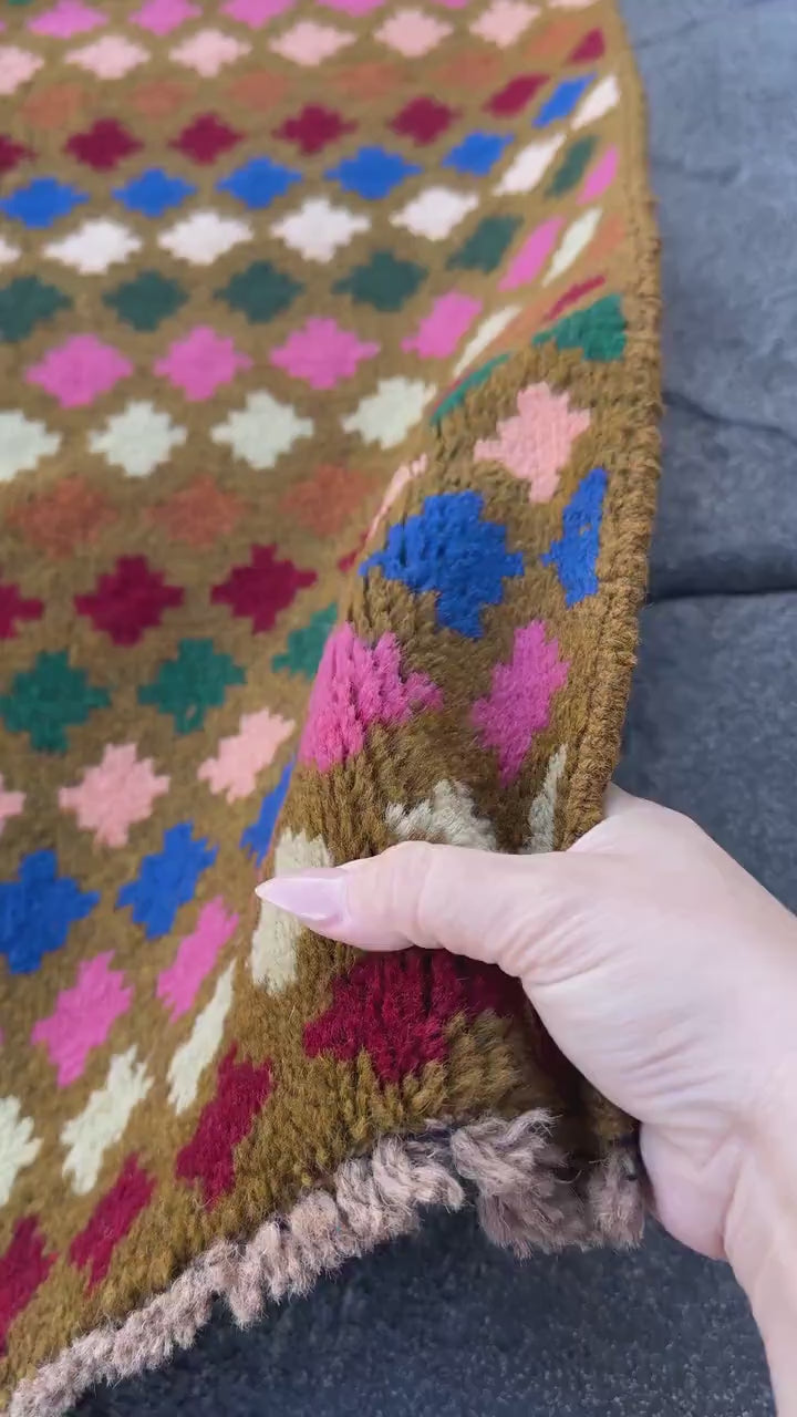 3x10 (90x305) Handmade Vintage Afghan Baluch Runner Rug | Chocolate Brown Forest Pine Mint Cream Beige Brick Red Copper Rose Salmon Blue