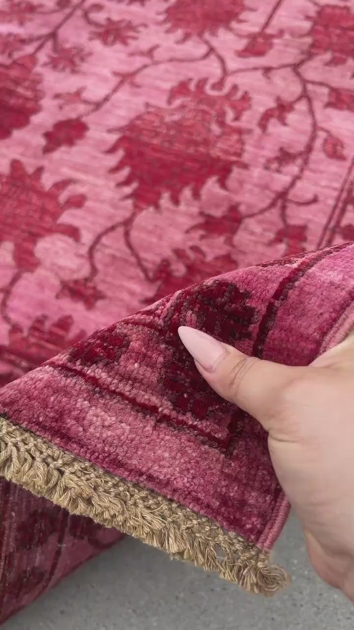 6x8 (180x245) Handmade Afghan Rug | Fuchsia Pink Red | Hand Knotted Persian Boho Bohemian Oushak Heriz Serapi Wool Floral Bold