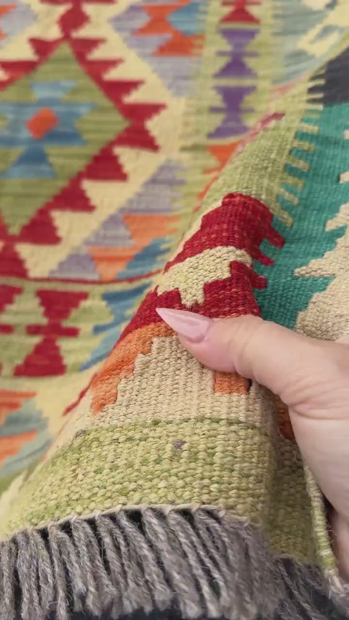 2x7 Handmade Afghan Kilim Runner Rug | Saffron Yellow Lime Moss Sage Green Scarlet Brick Red Black Grey Purple Teal Denim Blue Orange | Wool