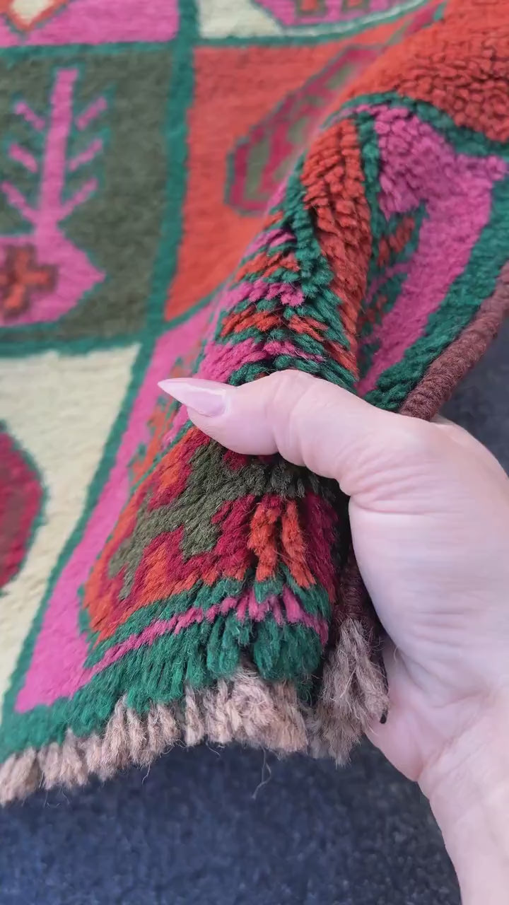 3x9 (90x275) Handmade Vintage Afghan Baluch Runner Rug | Forest Green Rose Pink Burnt Orange Cream Beige White Chocolate Blood Red Olive