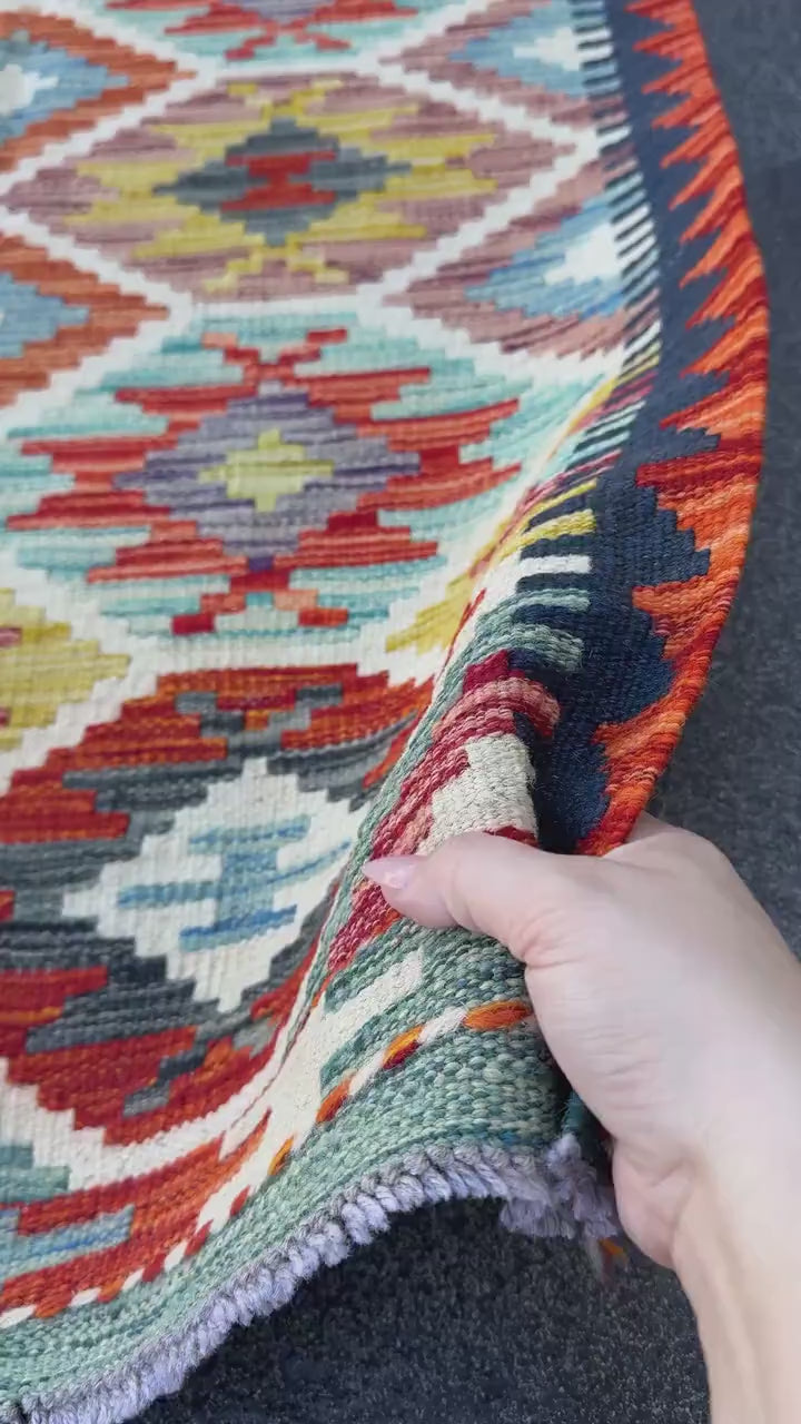 3x4 Handmade Afghan Kilim Rug | Rust Red Burnt Orange Cream White Mustard Yellow Olive Green Teal Aqua Blue Navy Purple Grey | Flatwoven