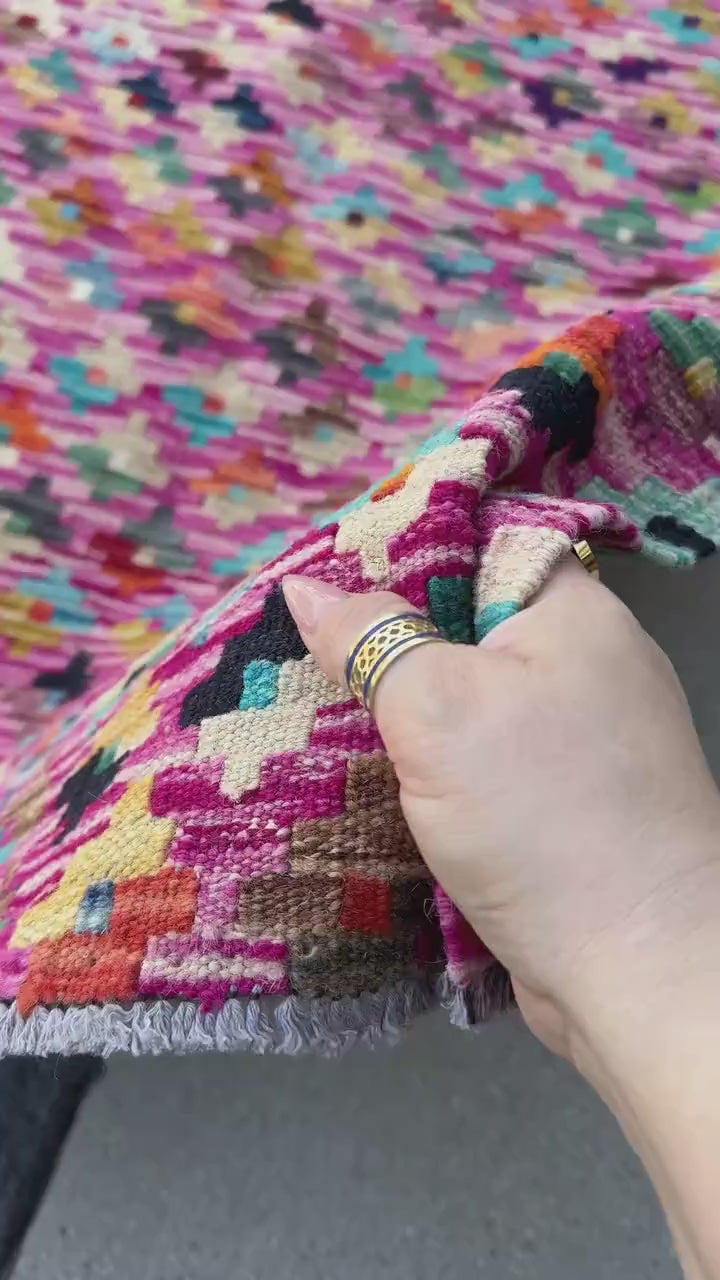 3x4 Handmade Afghan Kilim Rug | Fuchsia Pink Purple Teal Aqua Navy Powder Blue Cream Yellow Wine Garnet Red Forest Olive Moss Green Orange