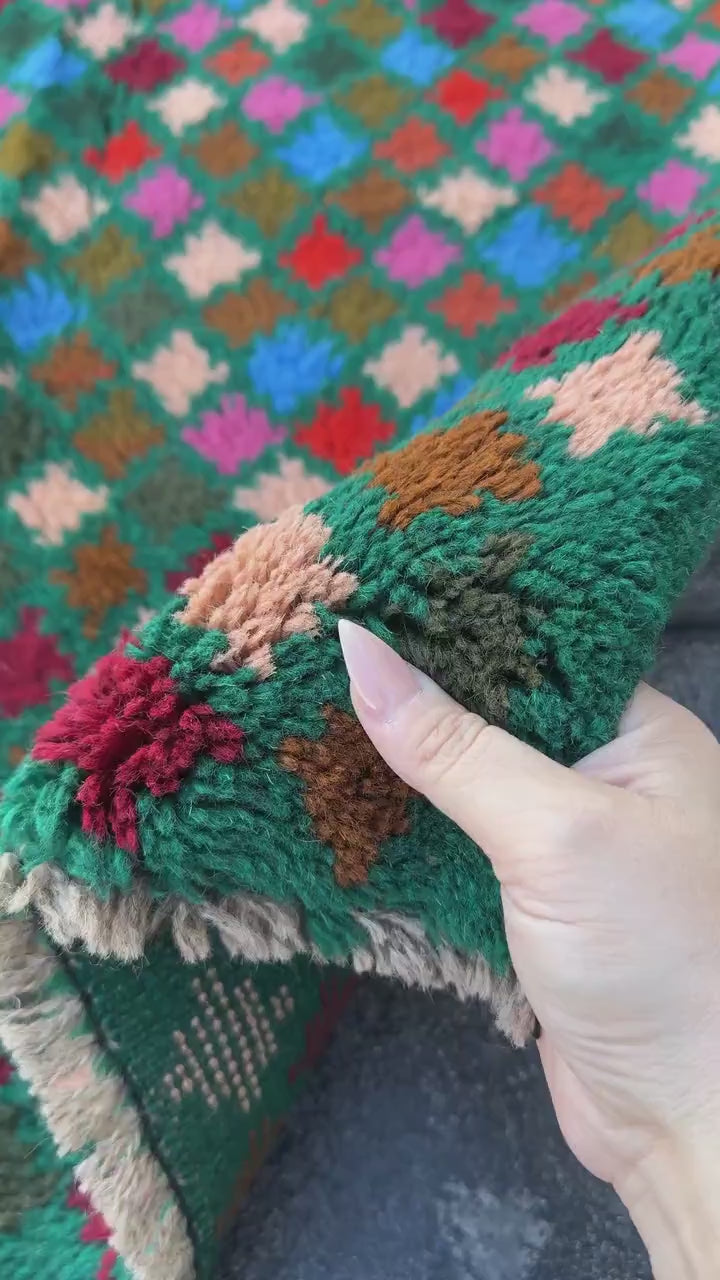3x9 (90x275) Handmade Vintage Afghan Baluch Runner Rug | Forest Pine Moss Green Burnt Orange Brick Red Rose Salmon Pink Royal Sky Blue