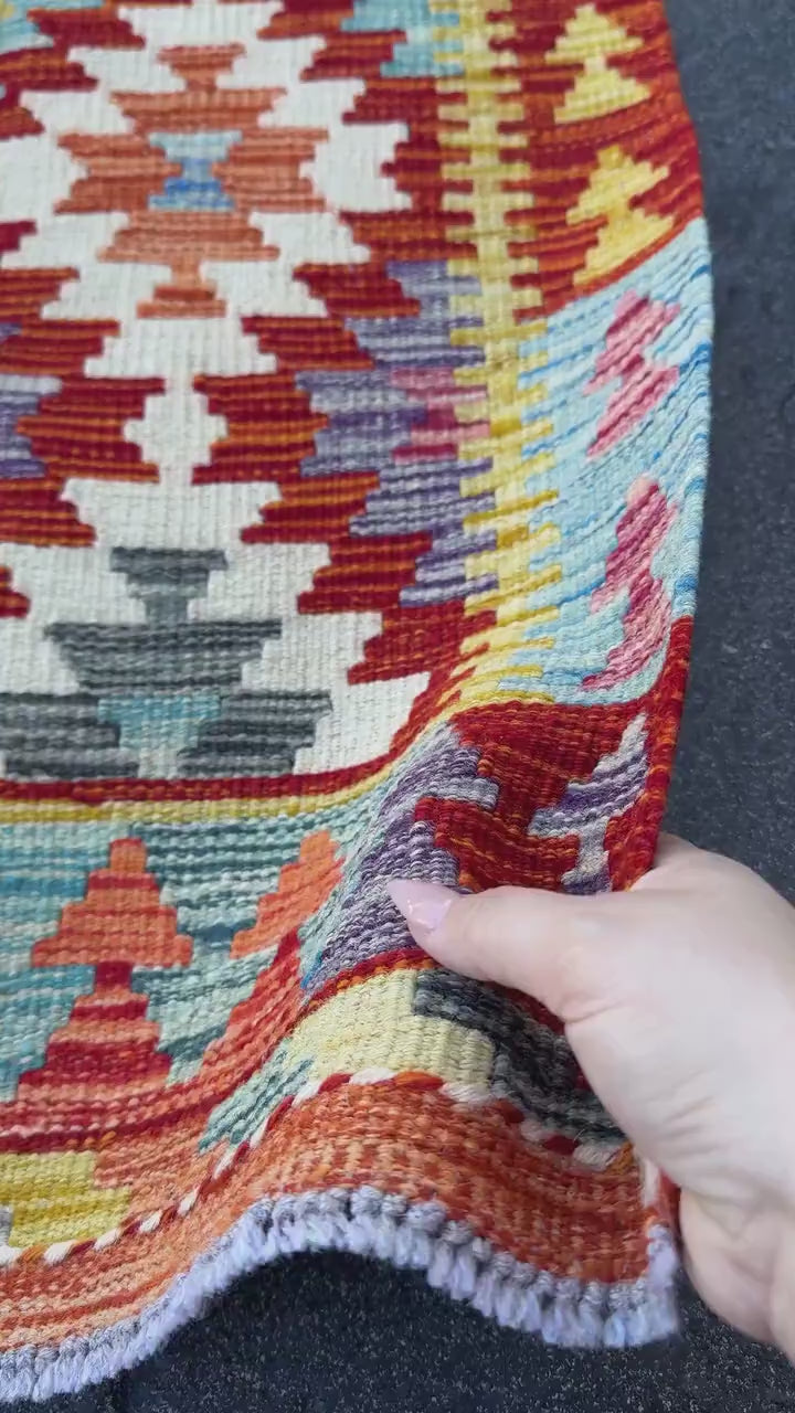2x5 Handmade Afghan Kilim Runner Rug | Blood Red Cream Orange Teal Aqua Blue Navy Olive Moss Grey Plum Mauve Copper Gold | Wool Flatwoven