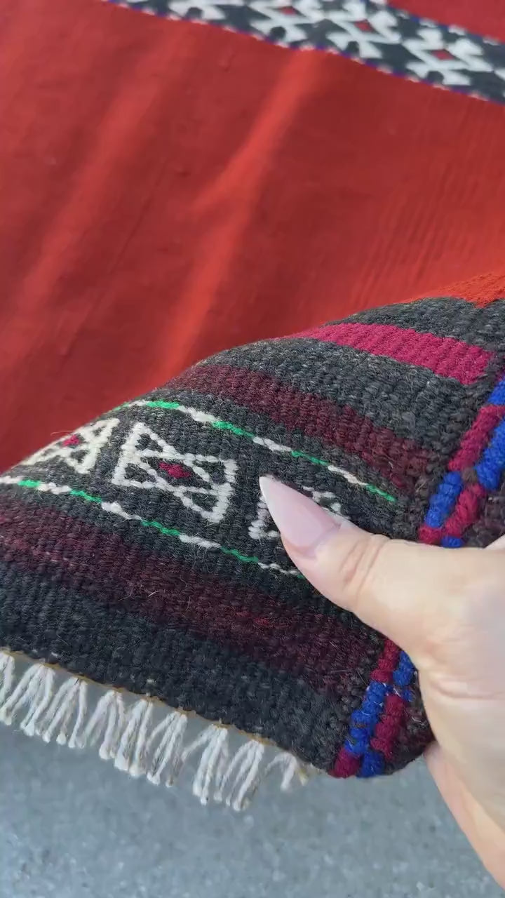 4x4 (121x121) Handmade Afghan Kilim Rug | Crimson Scarlet Wine Red White Ivory Black Navy Midnight Blue | Wool Flatweave Minimalist Boho