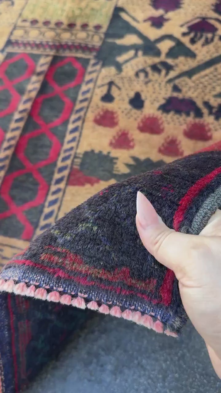 3x5 (91x152) Handmade Vintage Afghan Baluch Rug | Midnight Navy Blue Beige Sand Caramel Tan Brown Rust Orange Brick Crimson Red Forest Green