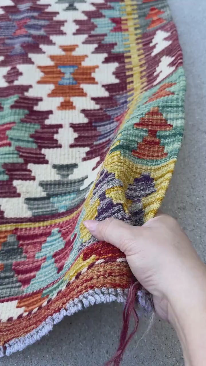 2x5 Handmade Afghan Kilim Runner Rug | Maroon Cream White Aqua Teal Charcoal Grey Mustard Yellow Burnt Orange | Wool Flatwoven