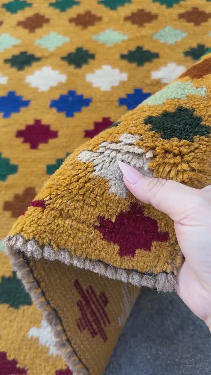 4x6 Handmade Vintage Afghan Baluch Rug | Mustard Yellow Gold White Navy Blue Brick Red Forest Pine Mint Green Chocolate Copper Brown | Wool
