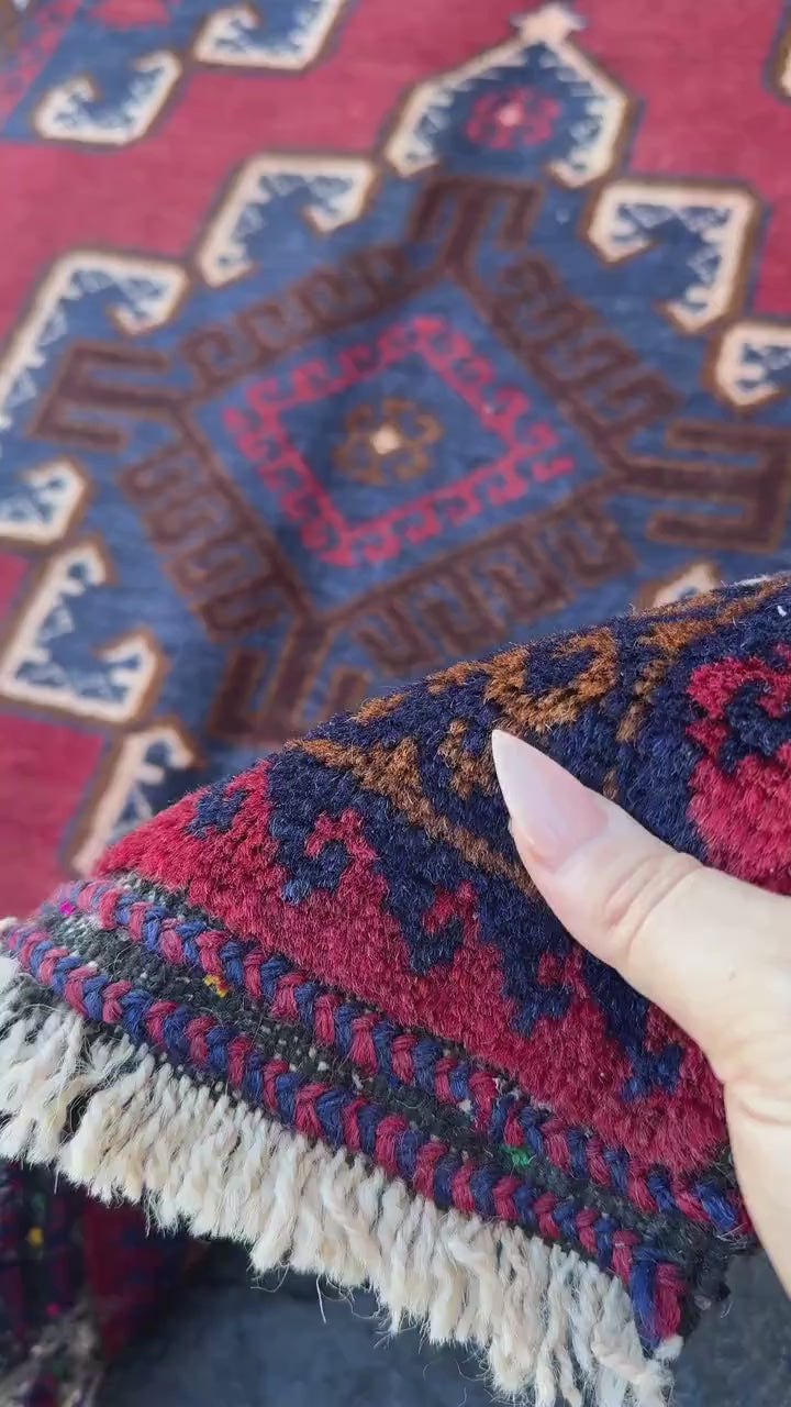 3x5 (91x152) Handmade Vintage Afghan Baluch Rug | Crimson Brick Burgundy Red Cream White Coffee Caramel Brown Navy Midnight Blue | Wool