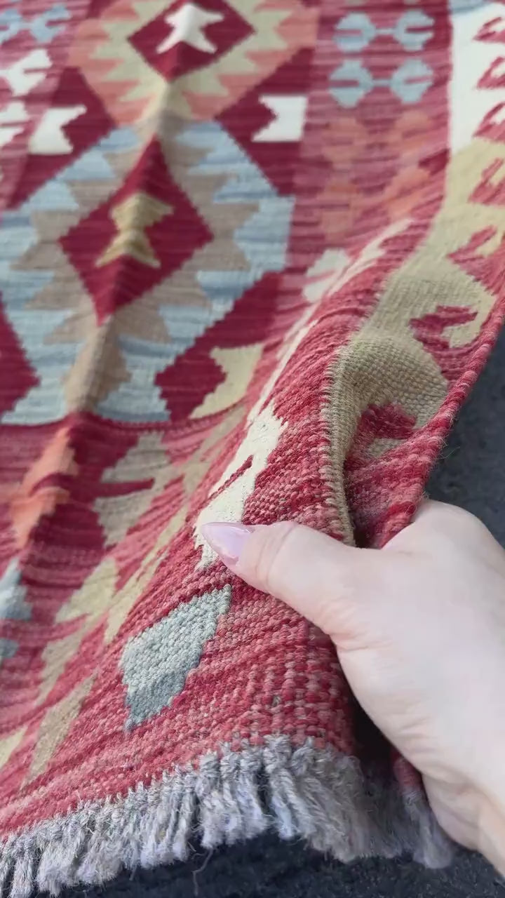 2x7 Handmade Afghan Kilim Runner Rug | Blood Brick Red Ivory Moss Olive Green Denim Blue Grey | Wool Turkish
