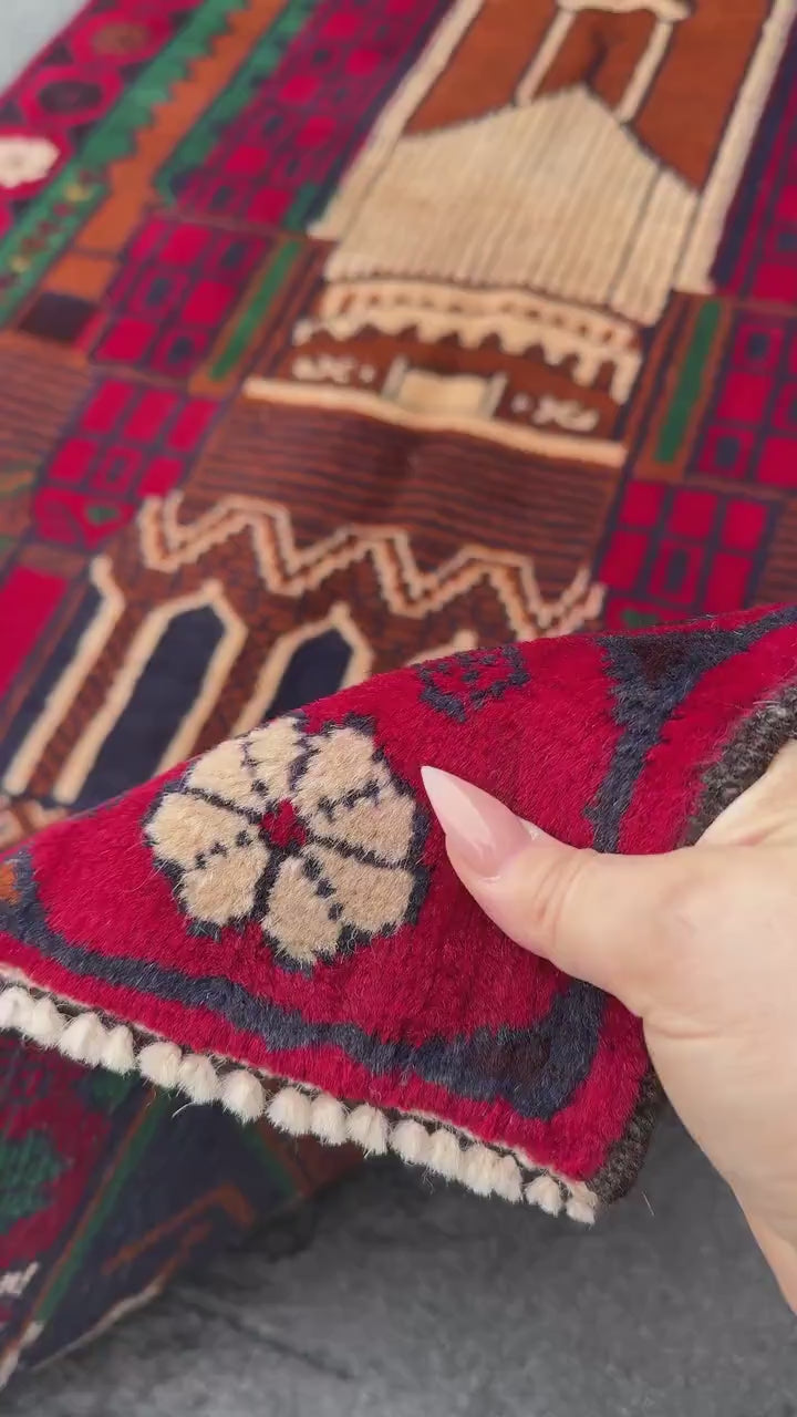 3x5 (91x152) Handmade Vintage Afghan Baluch Rug | Crimson Blood Red Midnight Blue Caramel Brown Rust Orange Cream Forest Green | Wool
