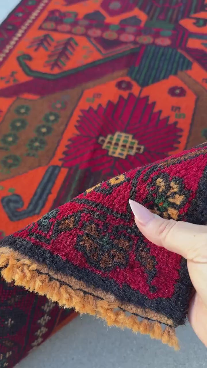 3x4-5 (91x140) Handmade Vintage Afghan Baluch Rug | Orange Forest Green Gold Blood Red Caramel Brown Burgundy Denim Blue | Wool