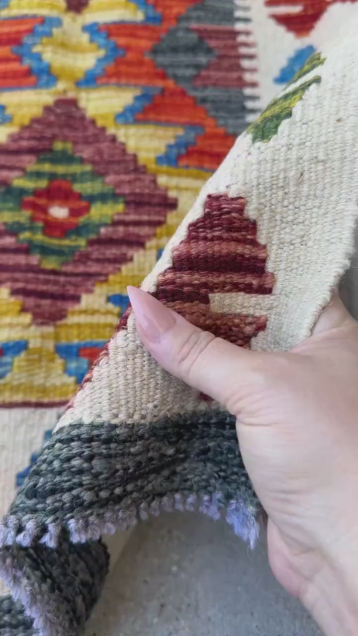 2x3 Handmade Afghan Kilim Rug | Cream White Charcoal Grey Mustard Yellow Gold Denim Blue Moss Olive Green Burnt Orange Rust Red | Flatwoven