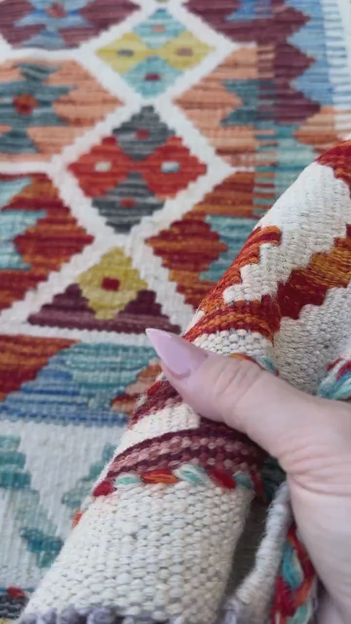 3x4 Handmade Afghan Kilim Rug | Rust Red Teal Aqua Sky Blue Mustard Gold Olive Green Plum Wine Charcoal Grey Cream White | Wool Flatwoven