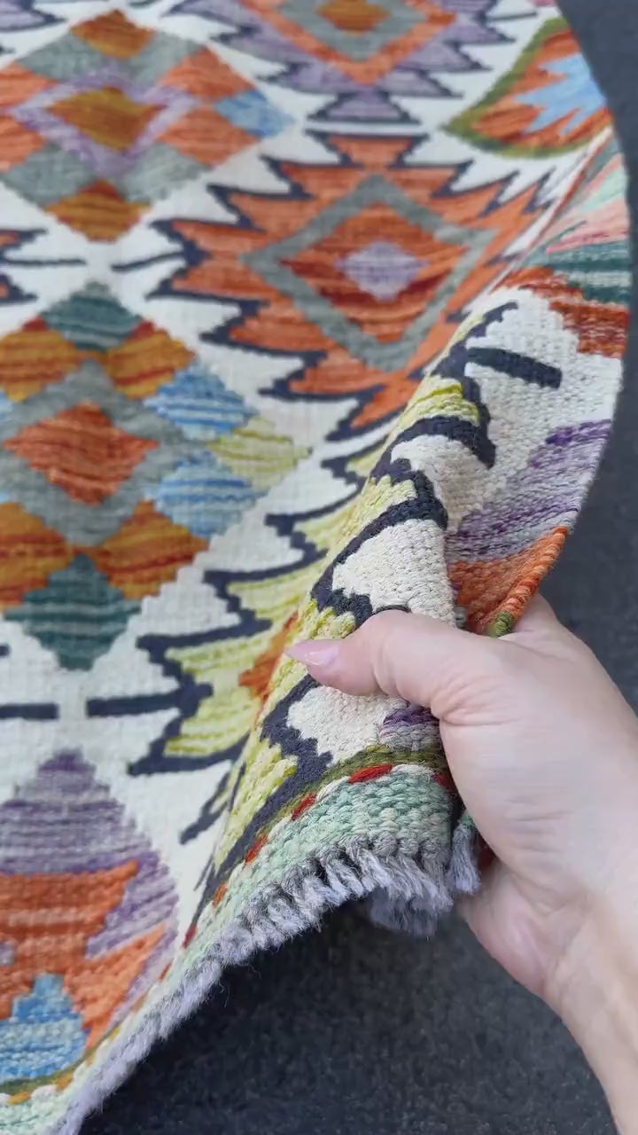 2x5 Handmade Afghan Kilim Runner Rug | Burnt Orange Cream White Mustard Yellow Olive Green Teal Aqua Blue Navy Purple Grey Rust Red | Wool