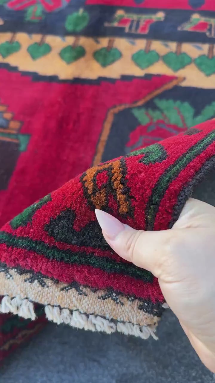 3x5 (91x152) Handmade Vintage Afghan Baluch Rug | Blood Crimson Red Black Navy Prussian Blue Forest Moss Green Peach Orange Cream Black Wool