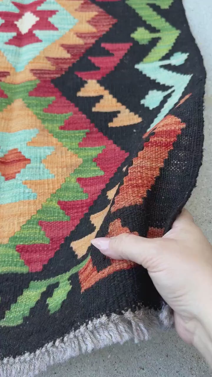2x3 (61x91) Handmade Afghan Kilim Rug | Black Baby Sky Powder Blue Forest Moss Green Peach Saffron Burnt Orange Crimson Rose Red | Wool