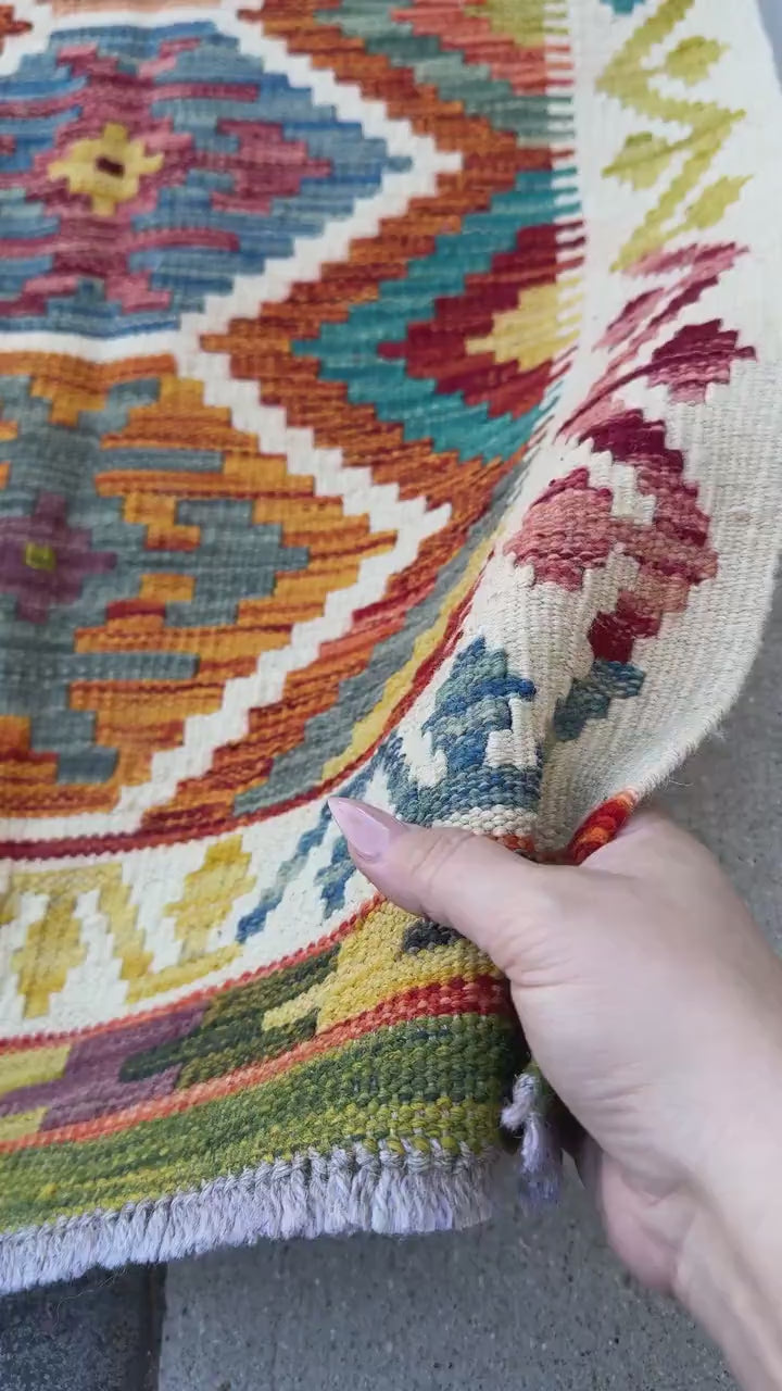 2x5 Handmade Afghan Kilim Runner Rug | Cream White Burnt Rust Orange Brick Blood Red Mustard Yellow Charcoal Grey Olive Moss Green Teal